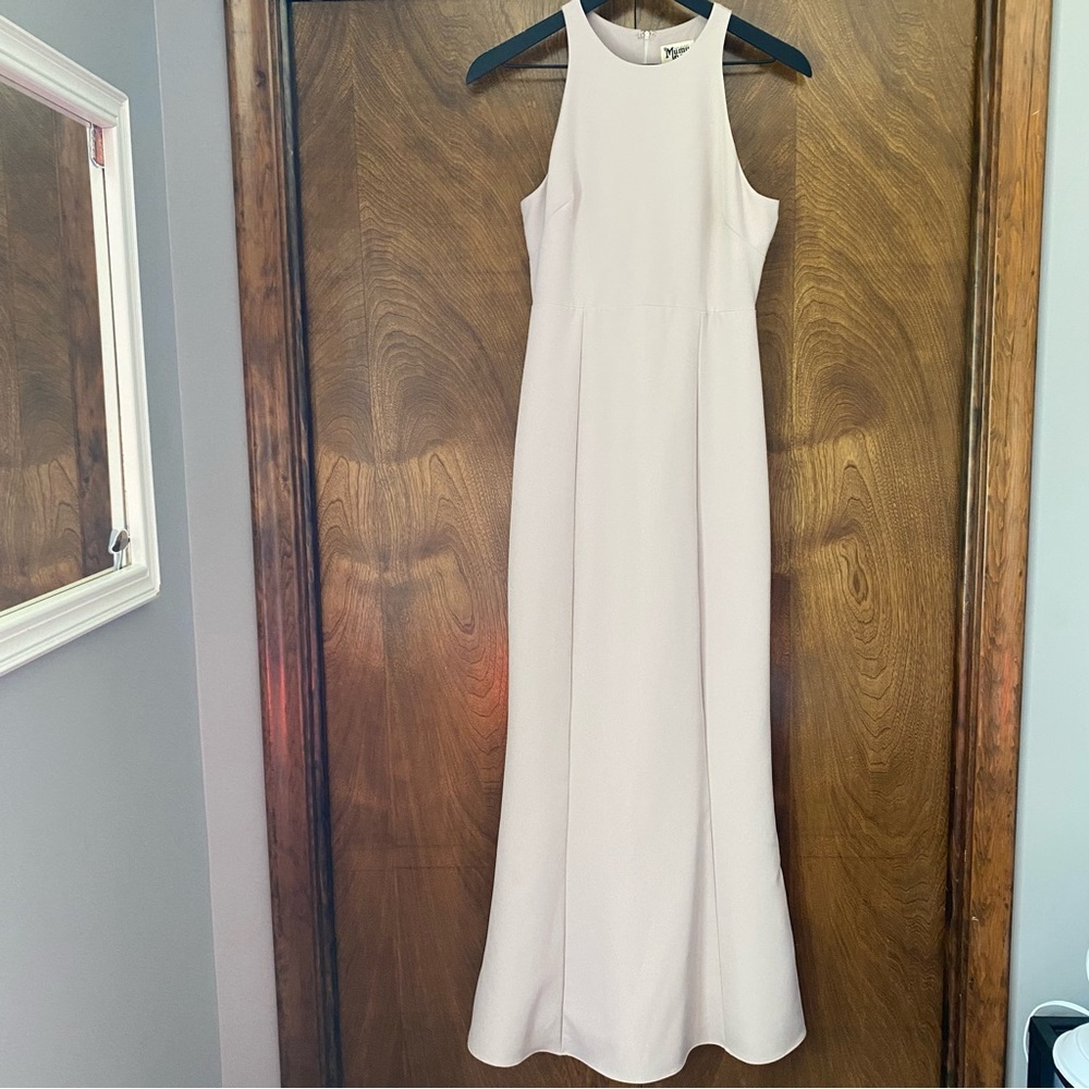 Show Me Your Mumu XS Chicago High Neck Show Me The Ring Crepe Mermaid Gown Beige
